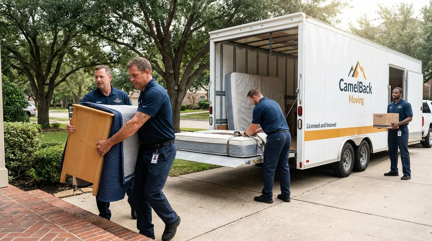 Crew loading residential truck for cross-state move from Raymond, ME