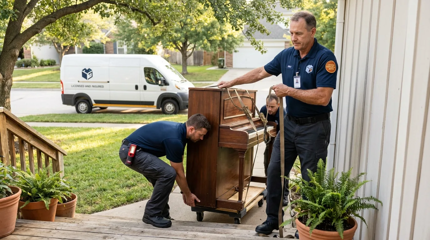Licensed piano movers securing grand piano in Raymond, ME