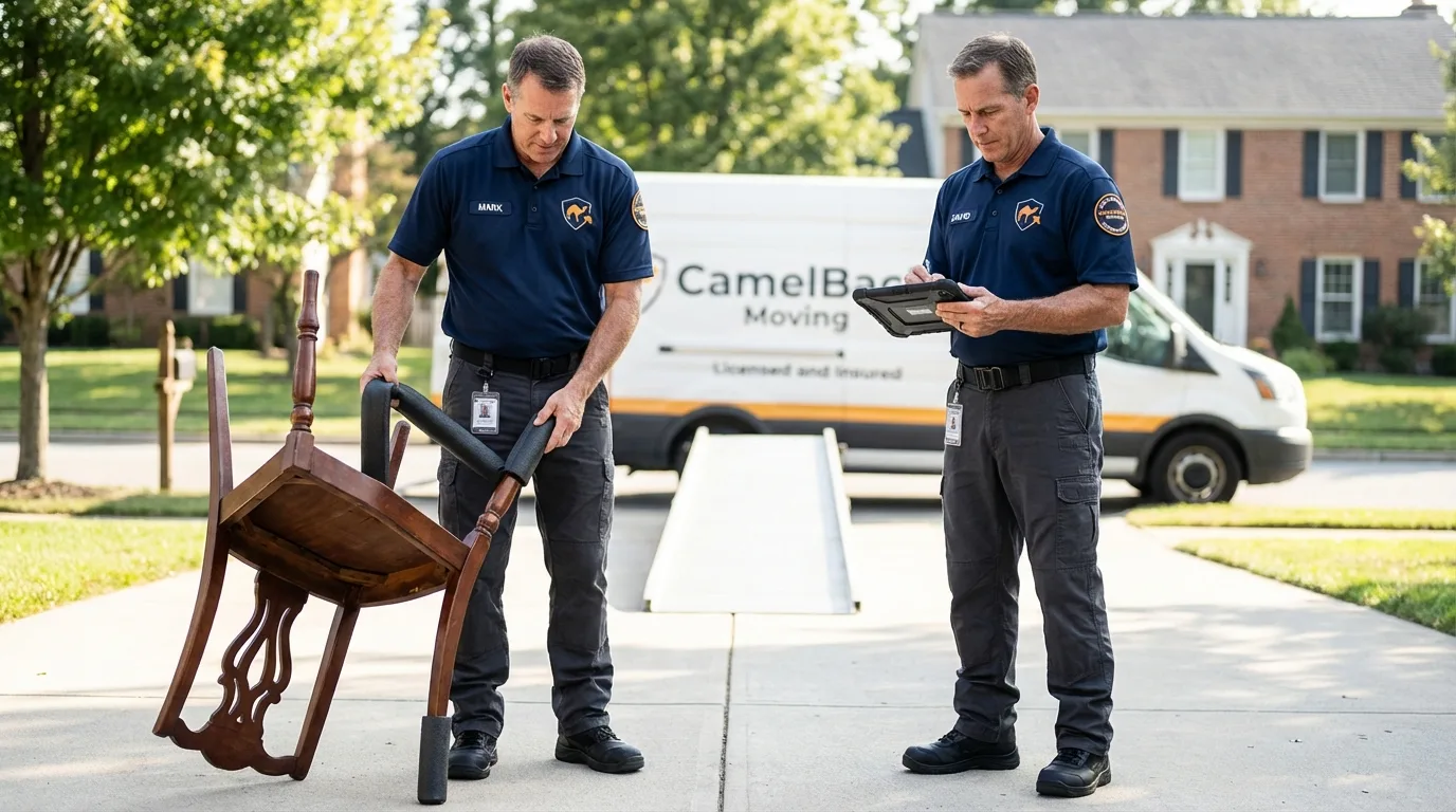 Movers inspecting furniture for damage prevention before loading in Raymond, ME
