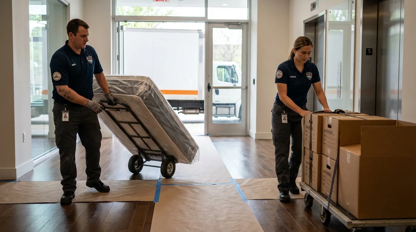 Professional apartment movers loading elevator in Raymond, ME